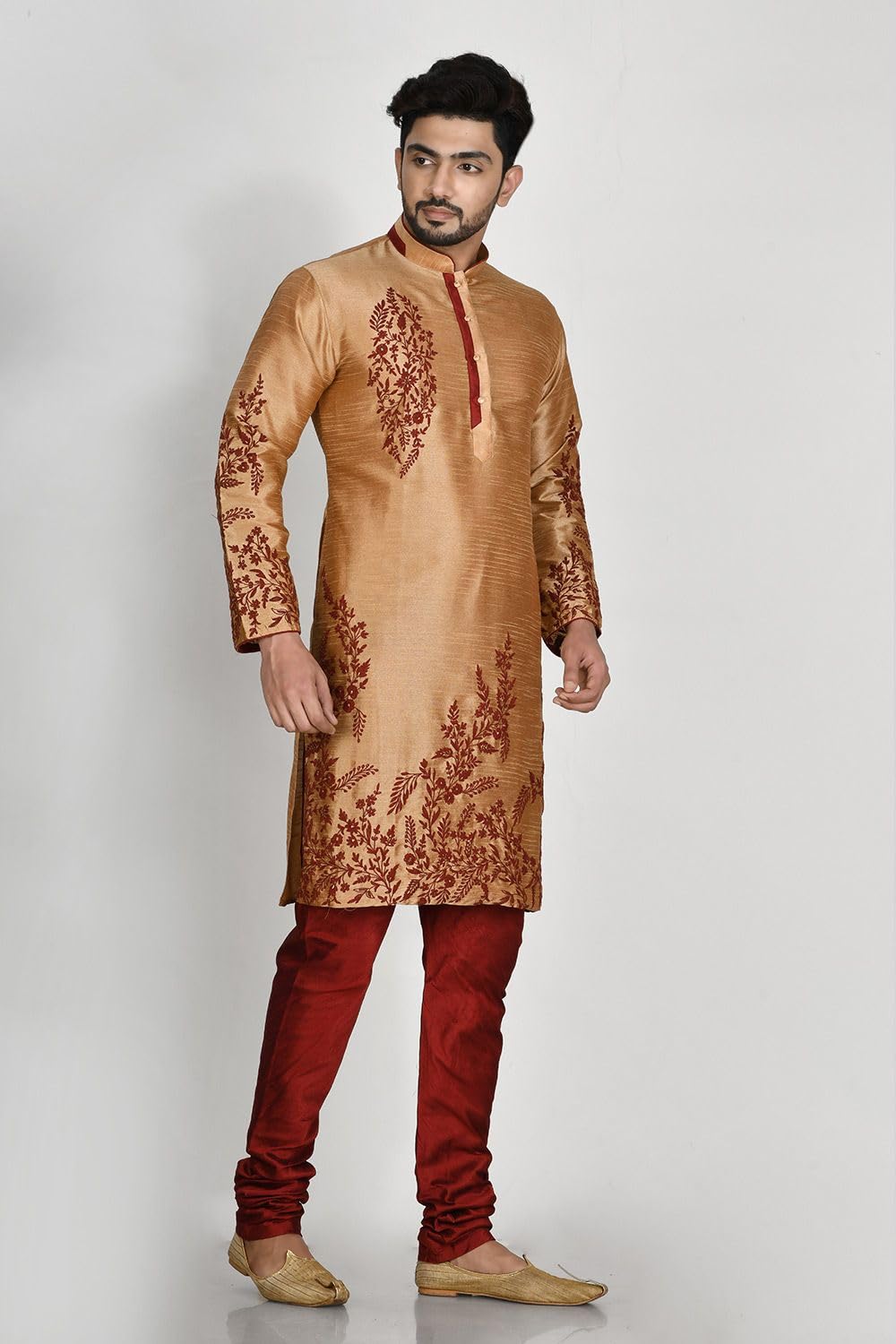RANAK Rose Gold Dupion Silk Kurta Pajama for Men | Resham Embroidery | Elegant Ethnic Wear for Wedding Guests (VLSMKP364_RG Size - 36) 3