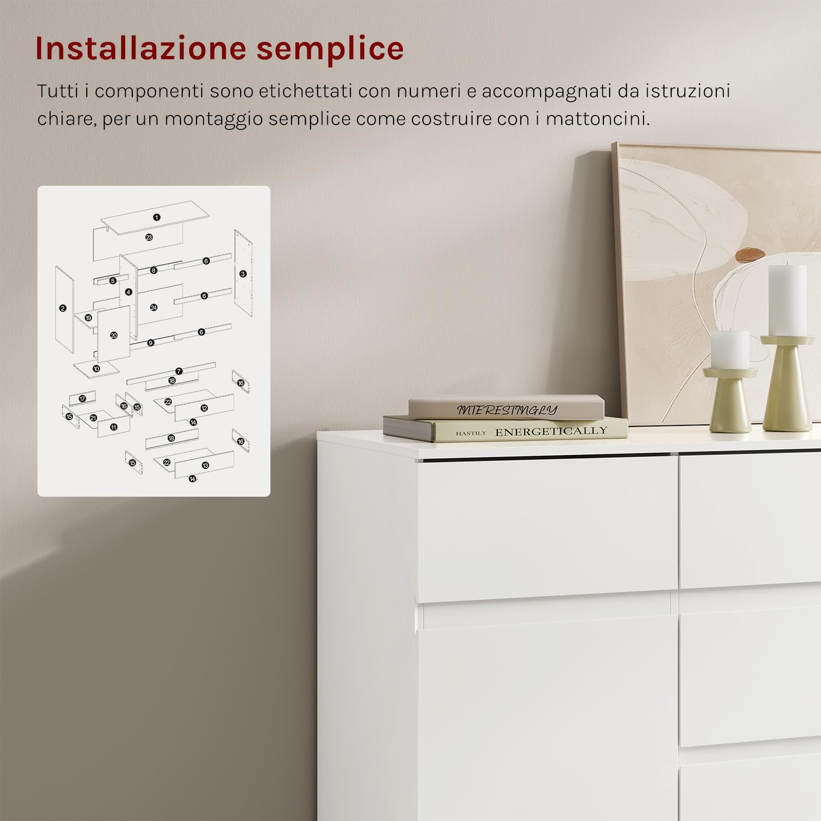 WOLTU Cassettiera Camera da Letto, Mobiletto Salvaspazio con 5 Cassetti e 1 Armadietto, Ripiano Regolabile, per Soggiorno, Ingresso, 100x40x80 cm, Bianco