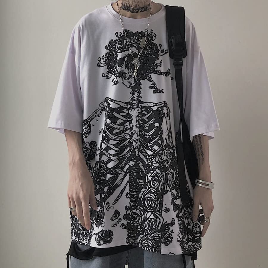 Women Man Y2K Skeleton T-Shirt, Punk Aesthetic Goth Skull Graphic Alternative Grunge Oversized Top Tshirts Streetwear: Small White