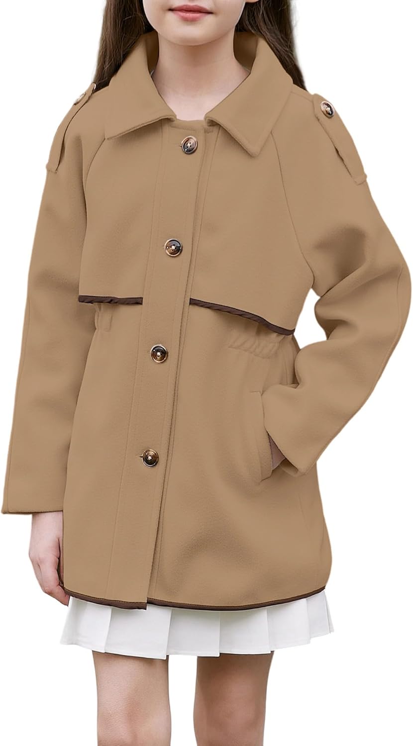 Betusline Girls Wool Dress Coat Kids Fall Winter Warm Lapel Button Jacket Overcoat, 3-12 Years