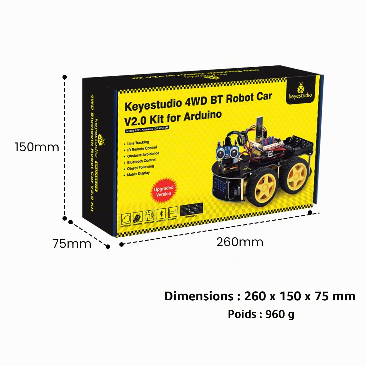 KEYESTUDIO Kit de démarrage de Voiture Robot 4 Roues motrices pour Arduino IDE, télécommande Infrarouge Bluetooth, Suivi de Ligne, prévention des Obstacles, etc. Kit de Programmation robotique