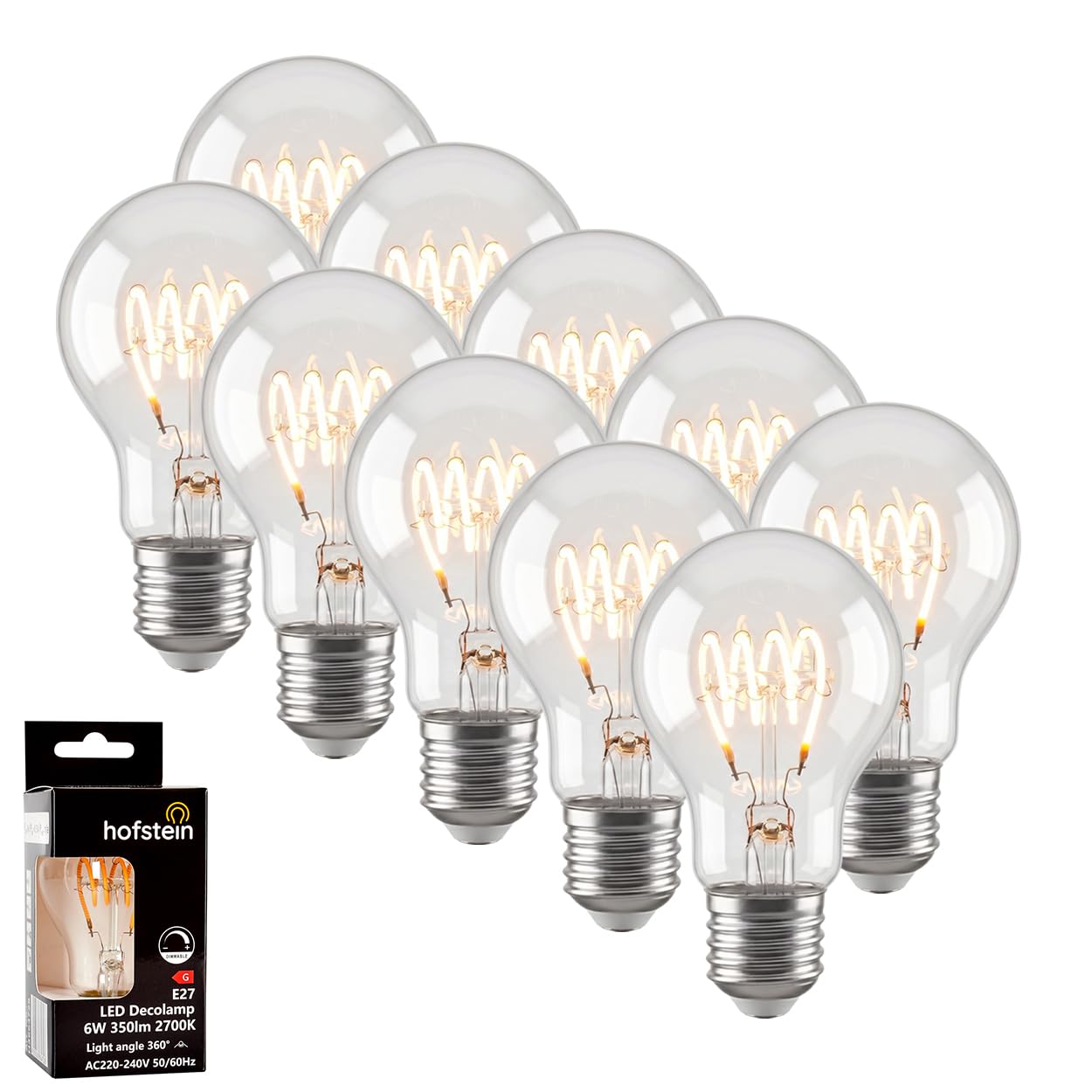 HOFSTEIN E27 LED Warmweiss Glühbirne Vintage Leuchtmittel 10er Set, 6 Watt Kugel Lampe Klar, E27 LED 2700K 350 Lumen A60 Dimmbar Für Wohnzimmer, Esszimmer Und Dekolicht