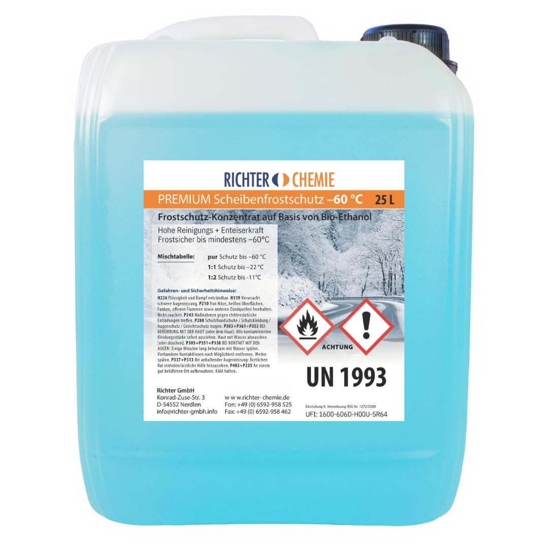 Richter Chemie Premium Scheibenfrostschutz -60°C 25 Liter, Konzentrat | Auto Scheibenwaschanlage, entfernt Insekten, Harze und Streusalz, schonend zu Gummi und Lack