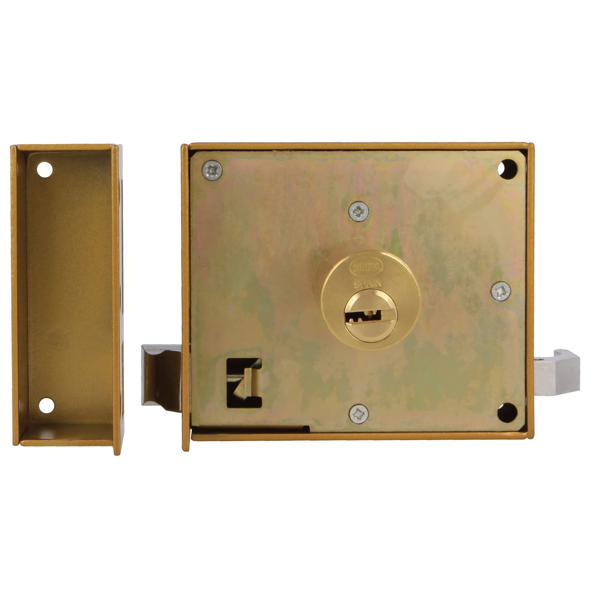Amig - Cerradura de Sobreponer de Derecha con Palanca de Cierre, Lengüeta y Tirador para Puertas de Madera Mod. 72-100 x 85 mm - Pestillo Con Cilindro Redondo - Acero Esmaltado Oro