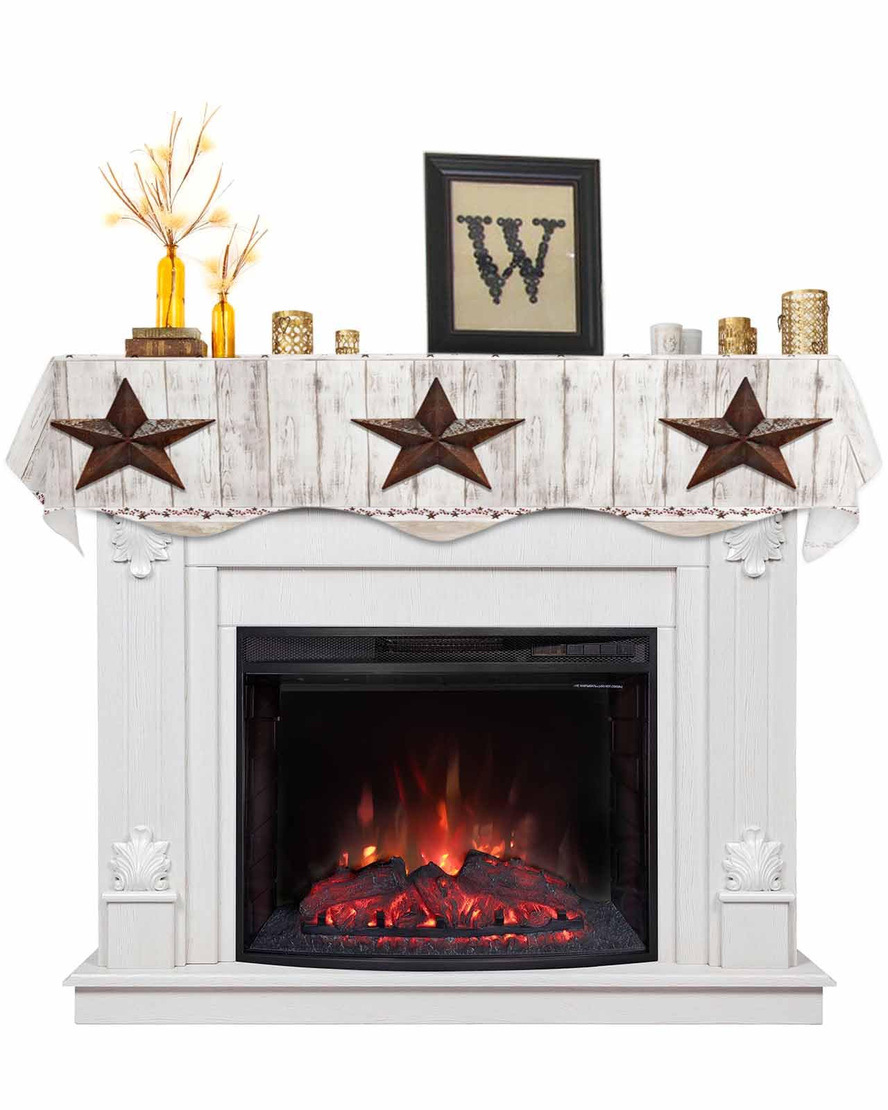 Kewadony Farmhouse Fireplace Mantel Scarf Cover, Rustic Brown Country Star Barn Berry Wooden Fireplace Scarves Mantel Shelf Top Scarf Table Runner for Dresser Window Holiday Decorations, 60" x 17"