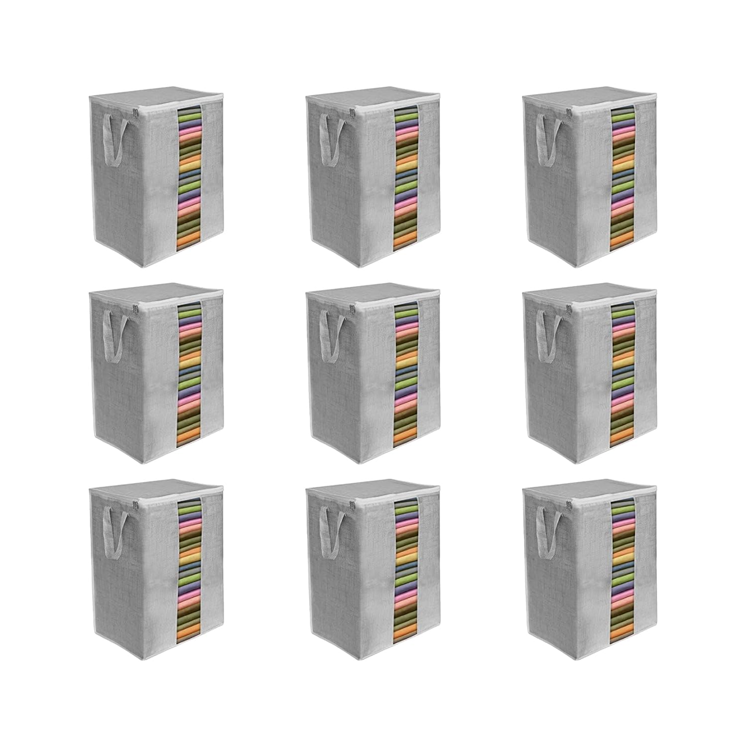 PrettyKrafts Non-Woven Extra Large Saree Cover for Storage/Cloth Organizer for Storage/Saree Bags with Zip/Saree Organizer For Wardrobe/Cloth Storage With Transparent Window, Set of 9, Grey