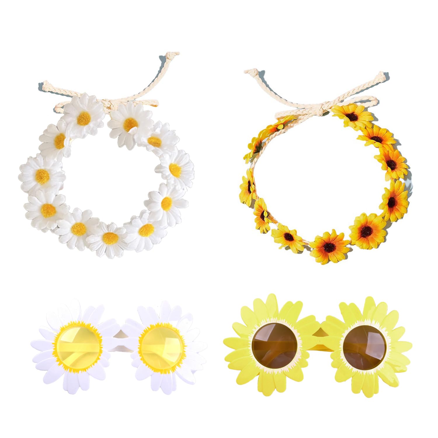 WLLHYF Set di 2 fasce per capelli con margherite, stile hippie, girasole, alla moda, per festival, ghirlande, accessori per sposa, per donne e ragazze, per vacanze al mare (bianco + giallo