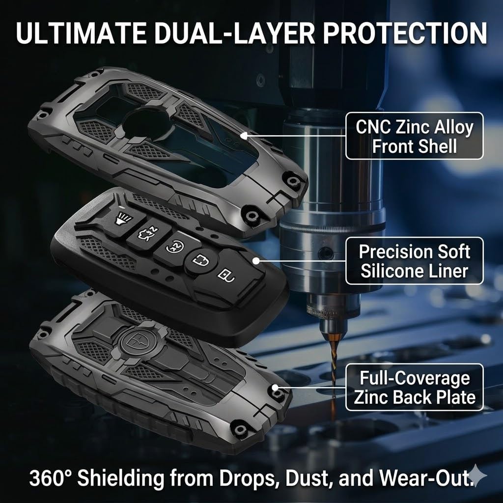 Mech Style Key Fob Cover for Ford F150 Explorer, 5 Buttons Gunmetal | Premium zinc alloy armor for Ford 5-button smart keys. Features glow-in-the-dark buttons and 100% signal transparency.