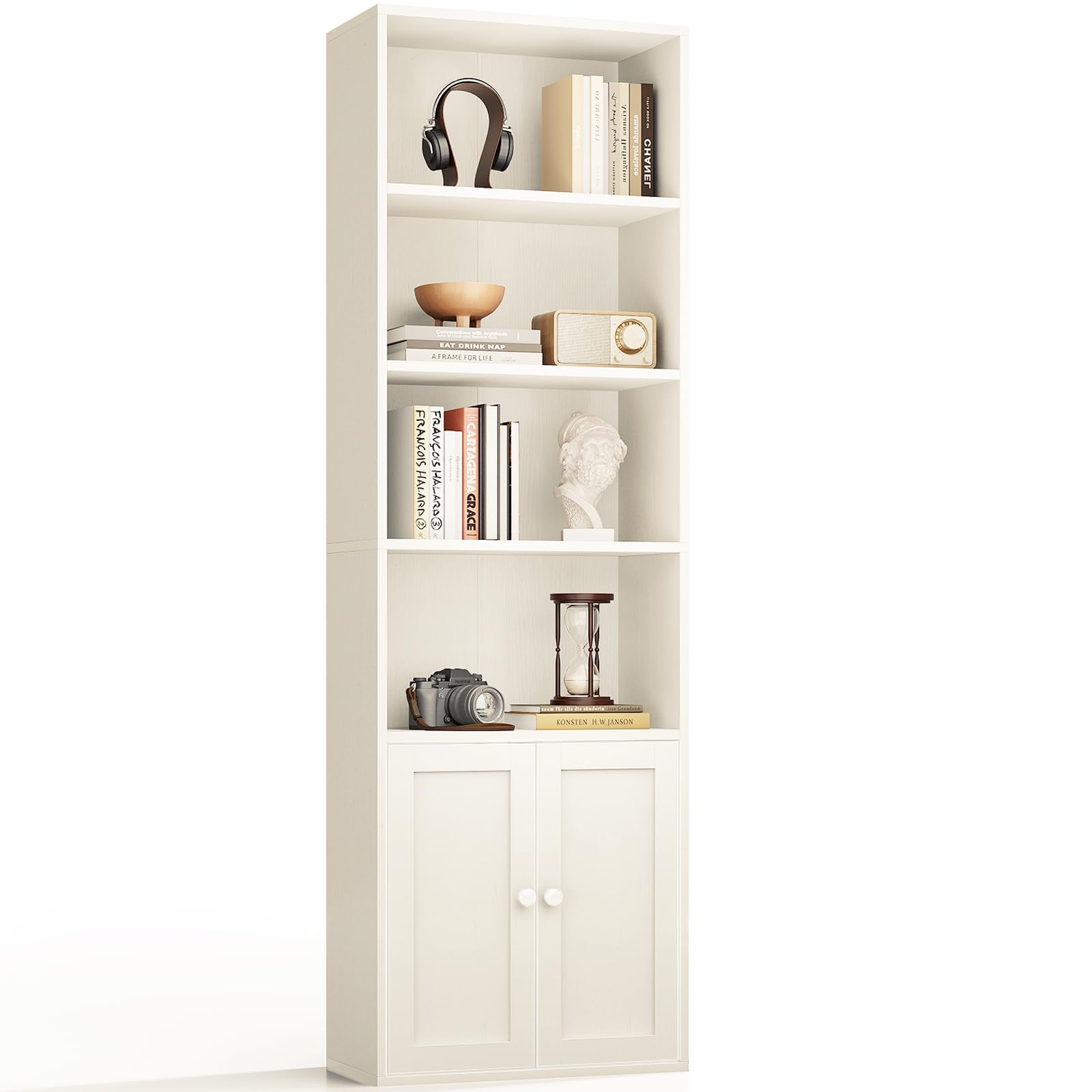 Coleshome Bücherregal mit Türen Regal mit 6 Ebenen, Bücherschrank 48 x 24 x 176.4 cm Schrank, Standregal zur Aufbewahrung und Präsentation für Wohnzimmer, Homeoffice, Büro, Schlafzimmer, Weiß