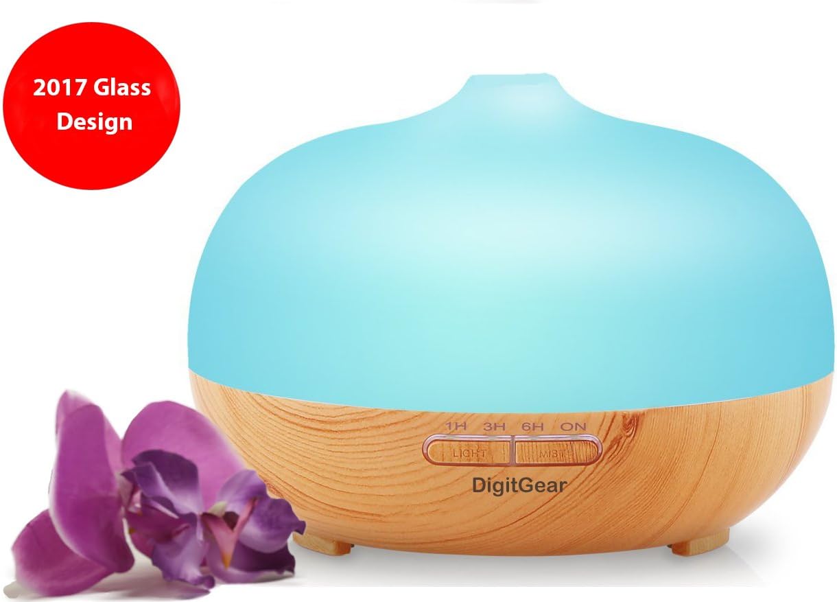 Essential Oil Diffuser 300ml - Wood Grain Frosted Glass Aroma Diffuser Ultrasonic Whisper Quiet Cool Mist - Aromatherapy Humidifier with 7 Color Changing LED Lights - Auto Shut Off for Home and Office