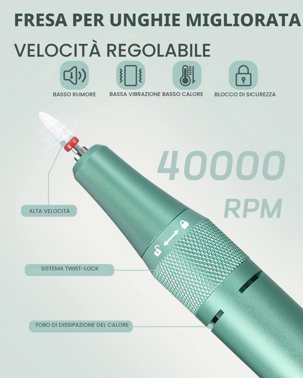 Fresa per Unghie Professionale 40000 RPM Lima Elettrica per Gel e Acrilico | 40000 Giri/min, Ricaricabile, Kit Unghie Senza Fili con 7 Punte e 56 Nastri Abrasivi, Display LCD, Verde(Pro)