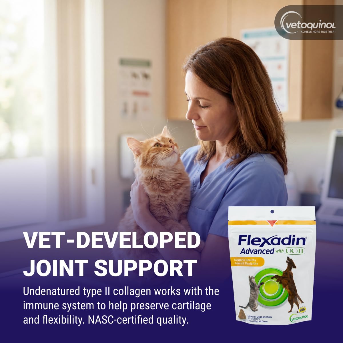 Vetoquinol Flexadin Advanced Dog Cat Joint Supplement Undenatured Collagen 60