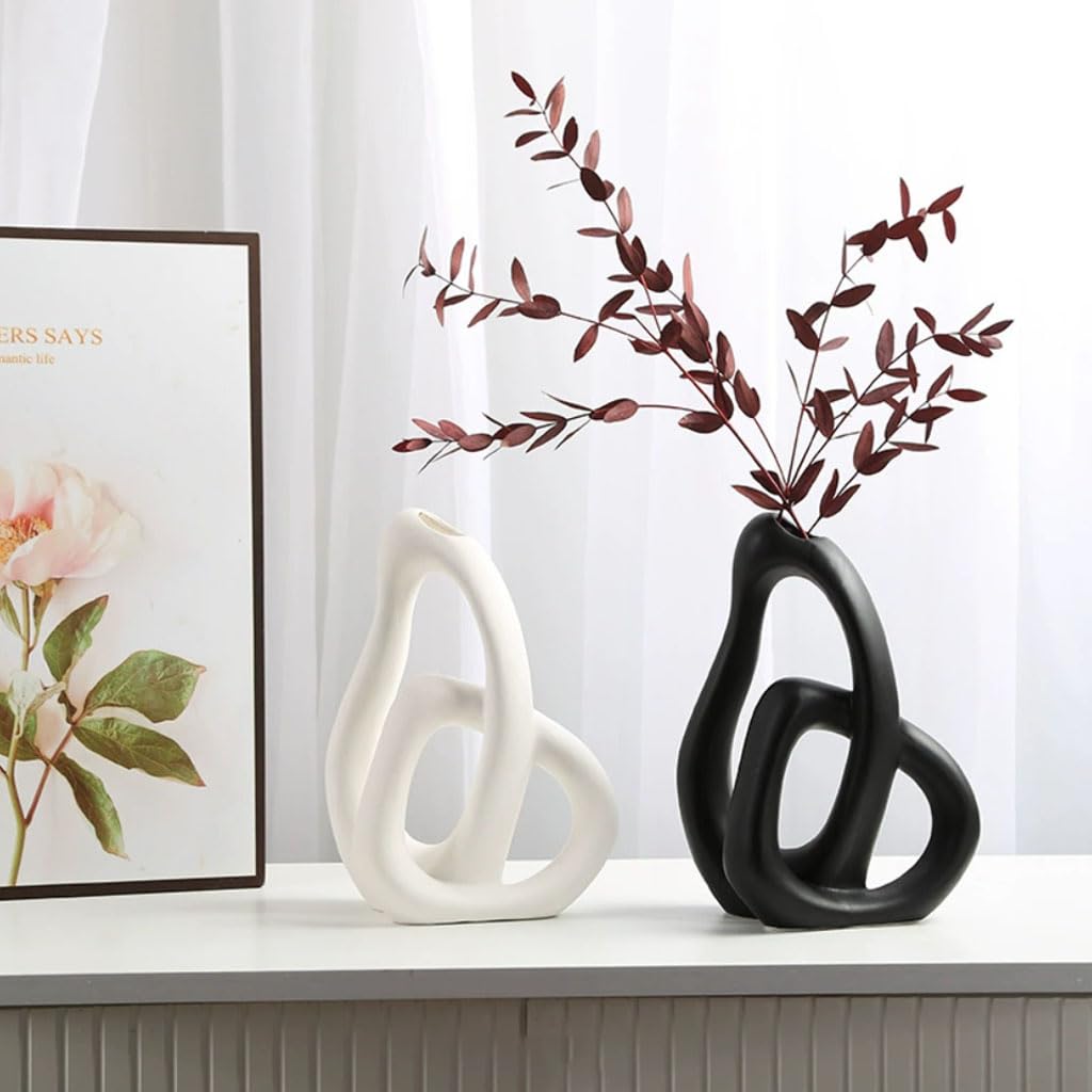 Jarrón Moderno Abstracto de cerámica con Forma Hueca Doble, jarrón de Flores Entrelazado, jarrón Decorativo Escultura para Plantas secas y Ramas de Hojas Artificiales,Negro