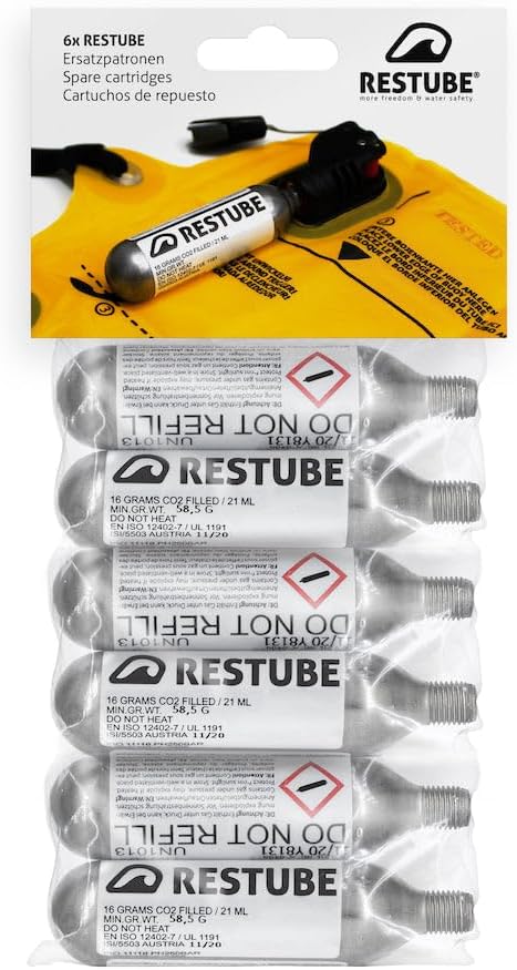 RestubeCO2 Replacement Cartridges for One-Pull Inflatable Swim Buoy (Set of 6) - 16g Waterproof Marine CO2 Inflators for Swimming Float Buoyancy Aid