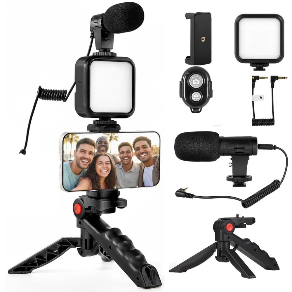Acuvar 6-Piece Phone Vlogging Kit – Smartphone Video Kit with Microphone, LED Light & Mini Tripod for YouTube & TikTok Creators