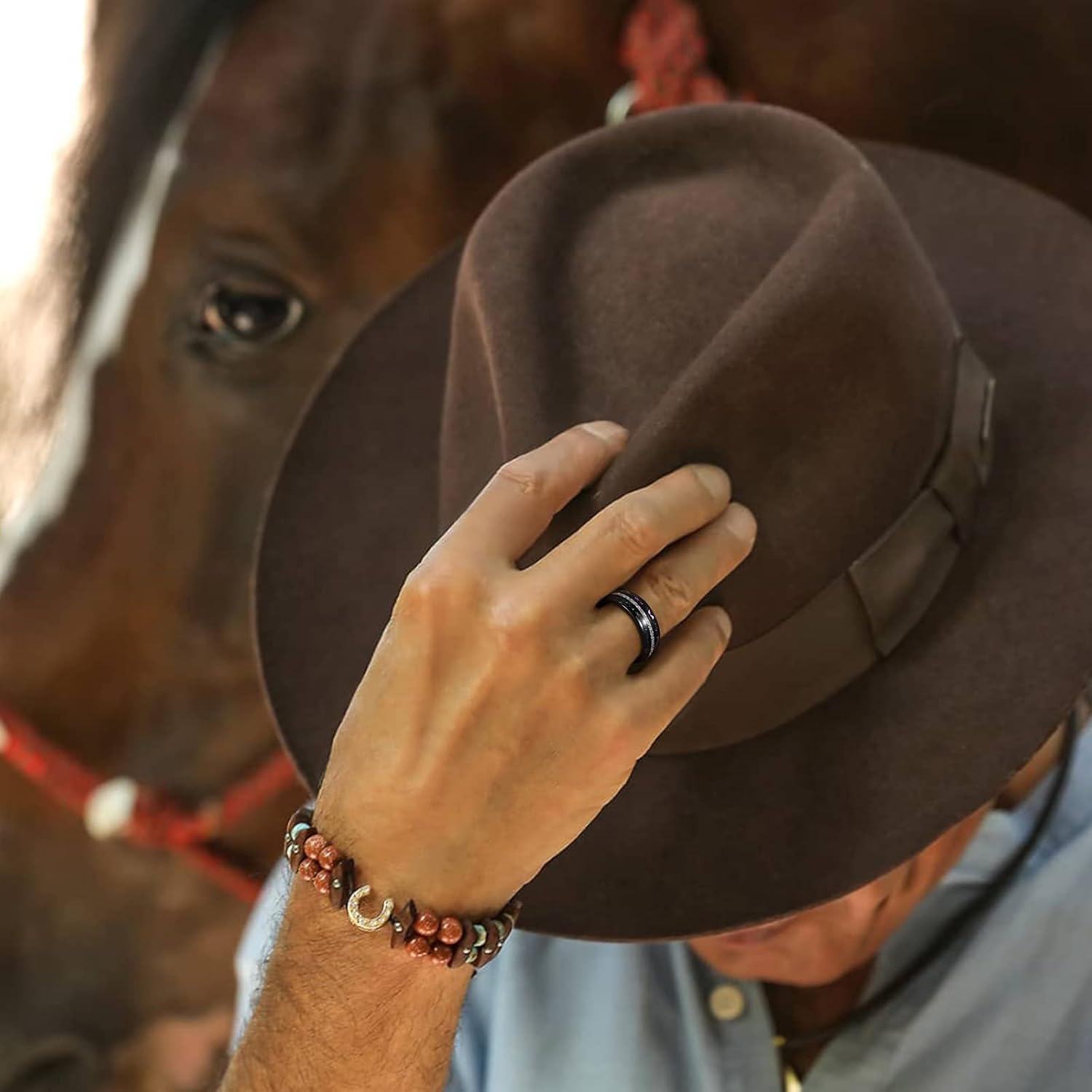 TRUMIUM Mens Wedding Rings 8mm Galaxy Opal and Meteorite Inlay Black Tungsten Carbide Ring Engagement Band Beveled Edges Comfort Fit Size 6-13 - Image 5