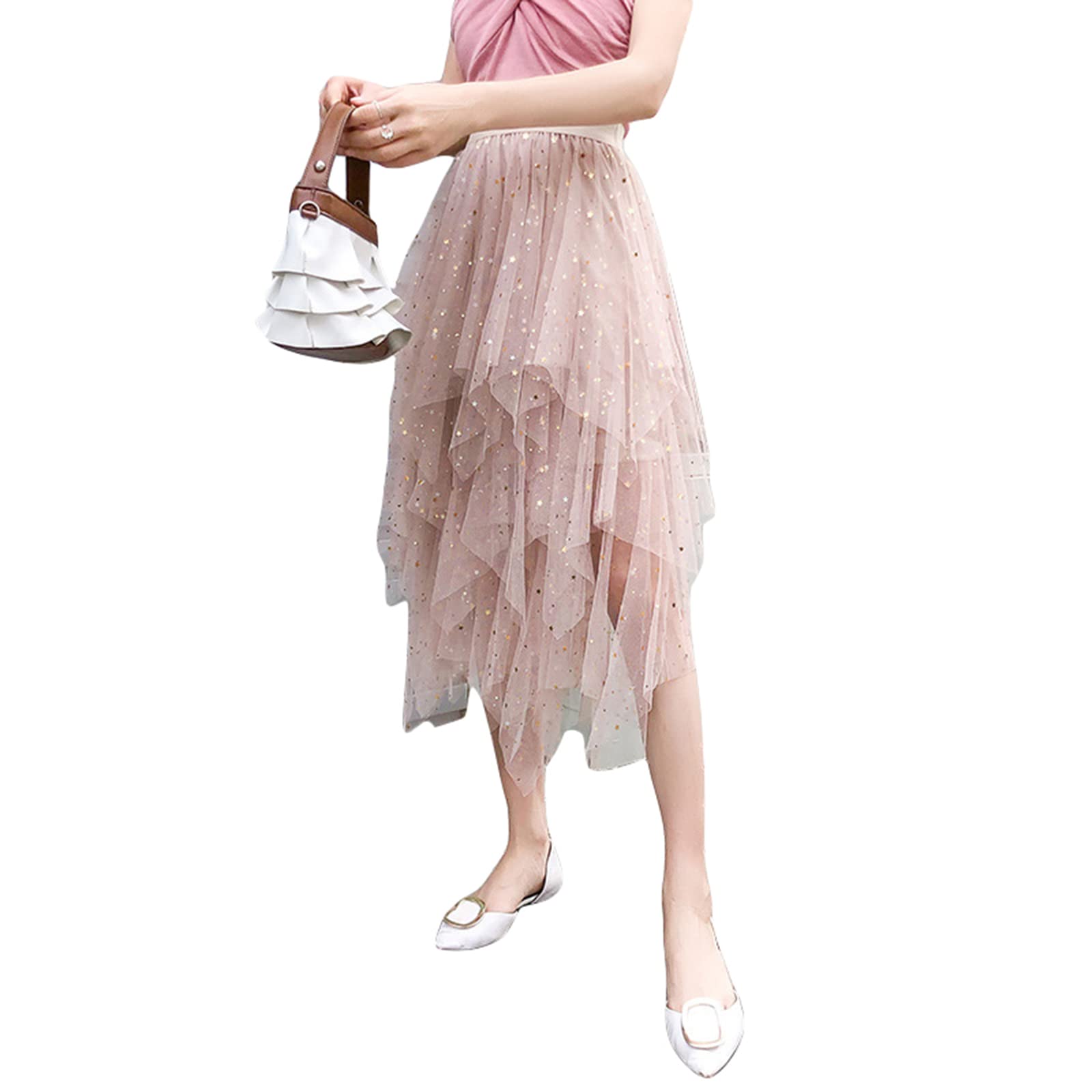 Jupes asymétriques en tulle pour femme - Taille haute élastique - Jupe tutu plissée - Jupe midi décontractée en maille, Rose pailleté, taille unique