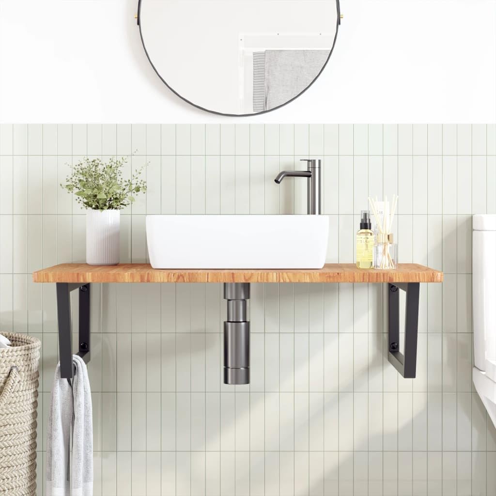 Tapa de lavabo de 100 x 60 cm de roble macizo con soporte de acero, diseño moderno flotante, robusto, duradero, para baño, invitados, inodoro y baños pequeños