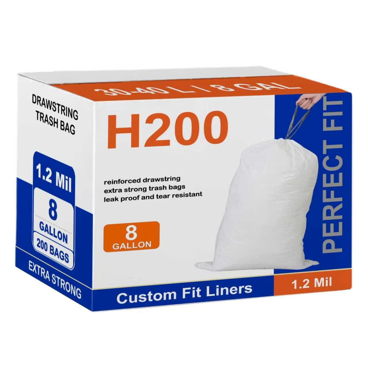 Code H 200 Perfect Fit Heavy Duty 1.2 Mil THICK with Reinforced Drawstring Plastic Trash Bags White Garbage Can Liners 5-8 Gallon 200 Count GRAND SAVE!