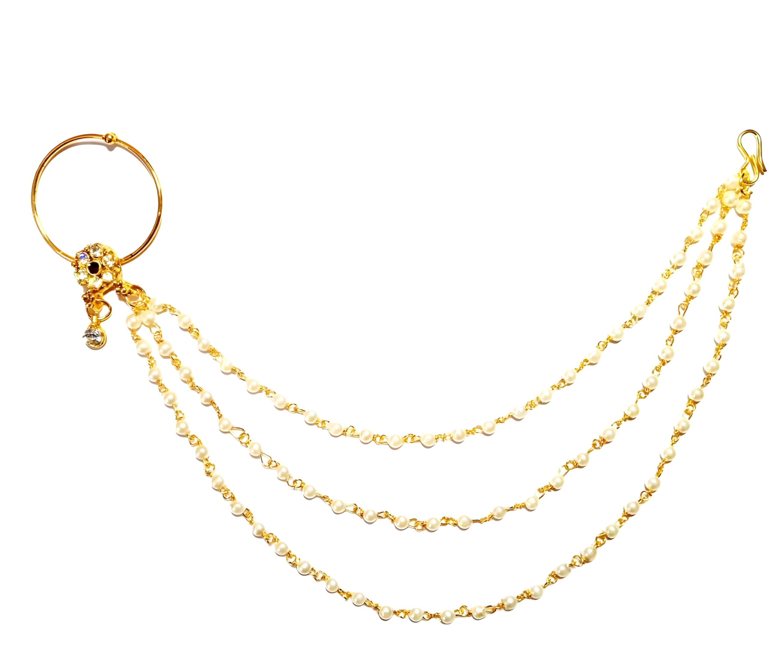 Gold Plated Traditional Ethnic Bridal Nose Ring/Nath without piercing with Pearl Chain Encased with Pearl Stone for Women/Girls-image-20