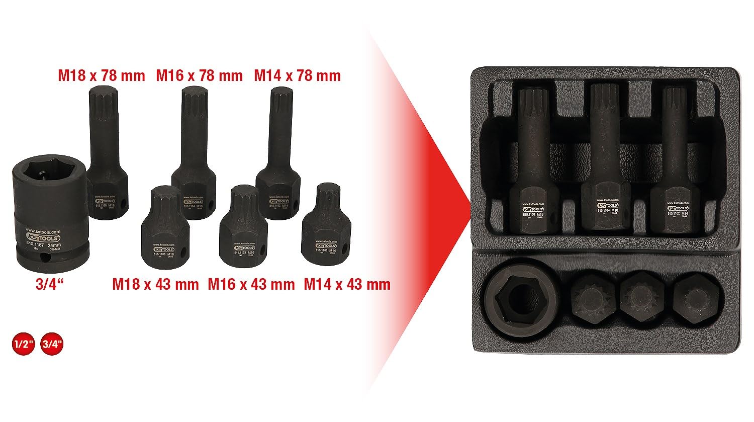 KS Tools 515.1160 Serie di Bussole Speciali per Avvitatori ad Impulsi per Viti XZN, Lunghe, 7 PezziM14-M18, 1/2"