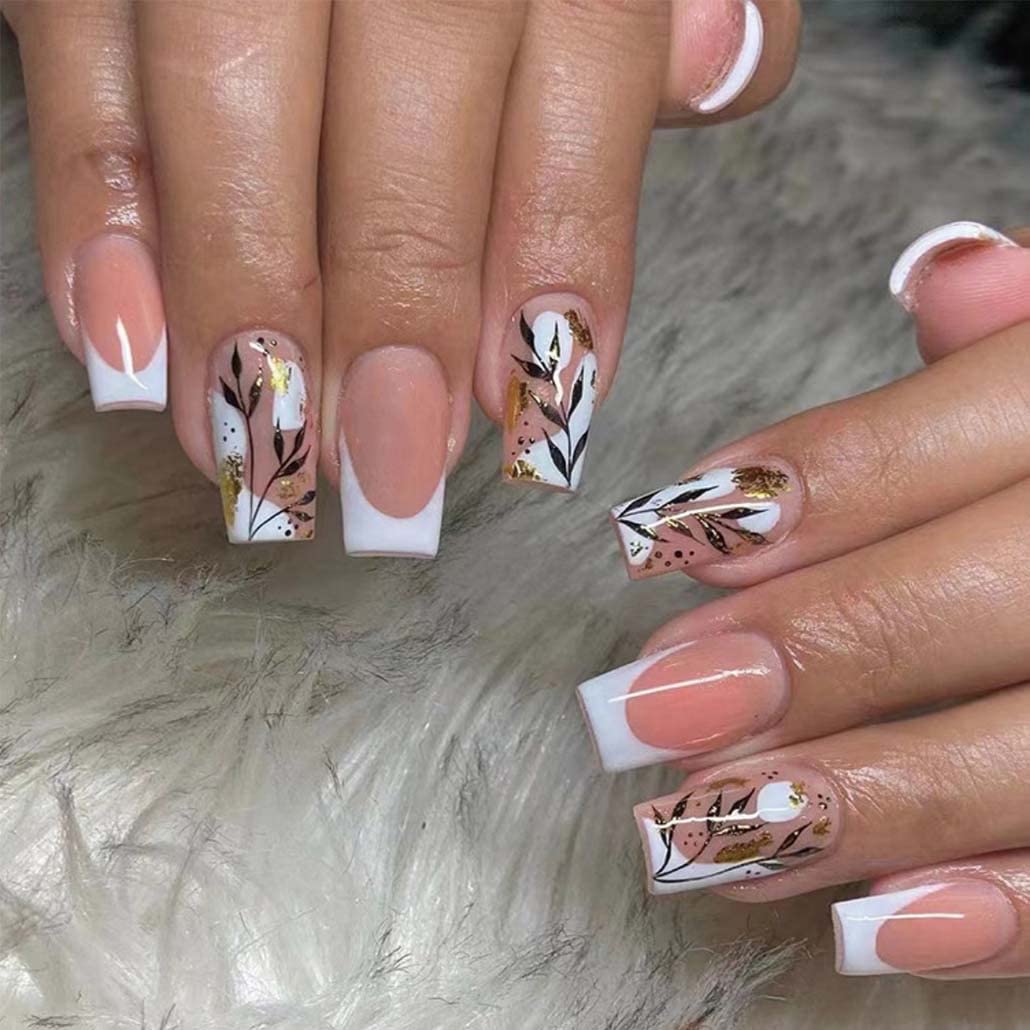 Foccna 24pcs French Tip Press on Nails Medium Pink Fake Nails Square Glossy White False Nail Tips Artificial Finger Manicure for Women and Girls