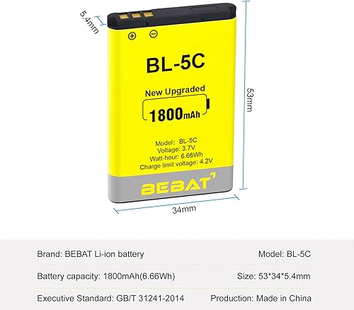Miniatura 4 de BEBAT Batería BL-5C, batería recargable de 3.7 V 1800 mAh BL-5C adecuada para radio doméstica, Nokia con protección actual
