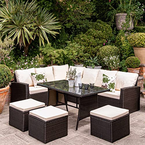 Image of DEVOKO 6-Pcs Conversation Wicker Sofa Dining Table, Outdoor Patio Furniture Set with Cushions for Garden, Poolside, Balcony (Dark Brown and Cream)
