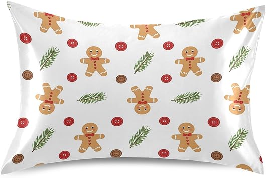Christmas Gingerbread White Pillow Covers Silk Pillowcase for Hair and Skin Cooling Breathable Soft Satin Pillowcase King Size Pillow Case for Bed Hot Sleepers Women 20x30in