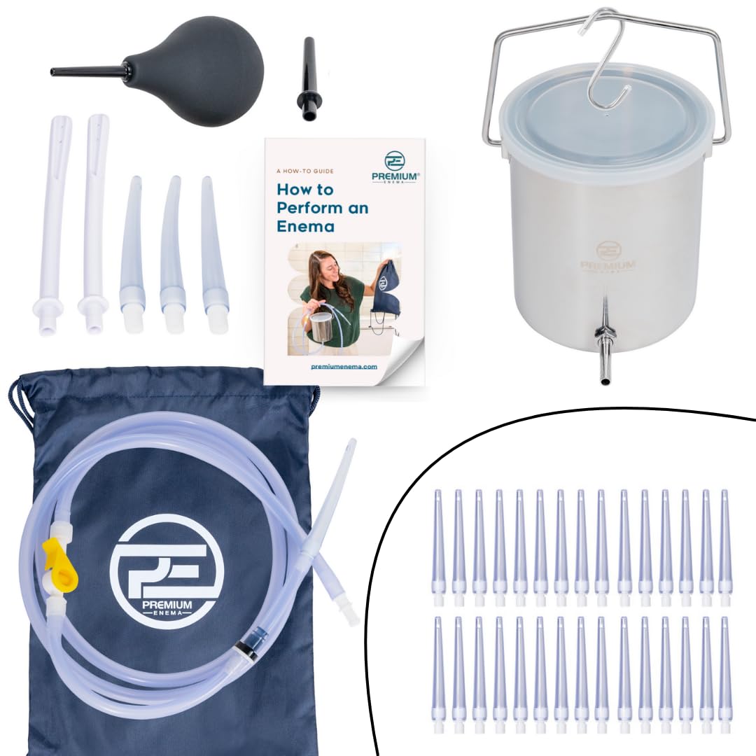 Stainless Steel Enema Bucket Kit with 30 Pack Replacement Flexible Tips with Connectors. Suitable for Coffee and Water Colon Cleansing. 2 Quart Capacity, 6.75 Foot Long Hose, 7 Tips
