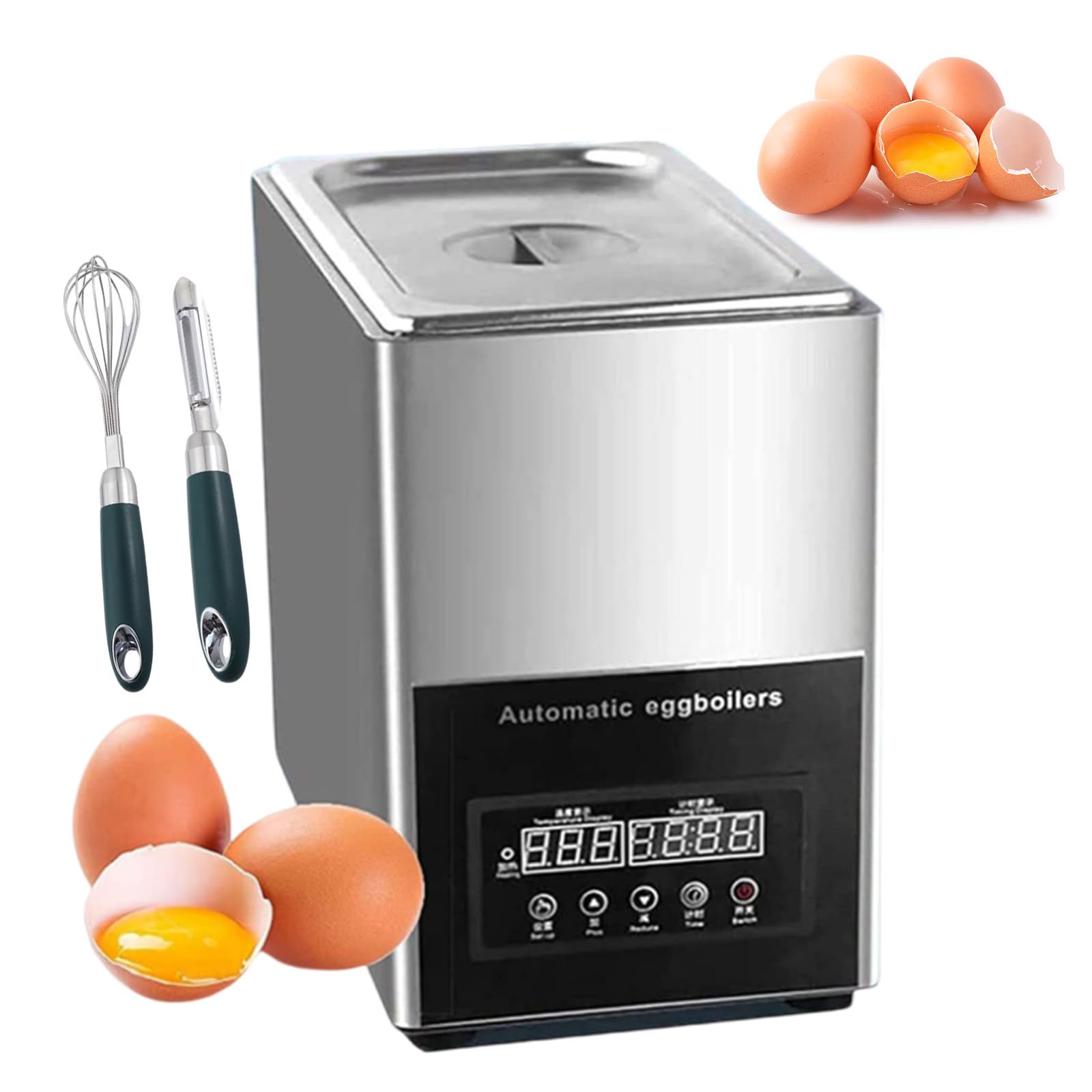 Máquina para hervir Huevos de 9 l + batidor + Cuchillo para pelar, cocedor de hucon Tiempo Ajustable de 0 a 99 Minutos y Temperatura de 30 a 90 °C, para restaurantes y Servicios de Catering.