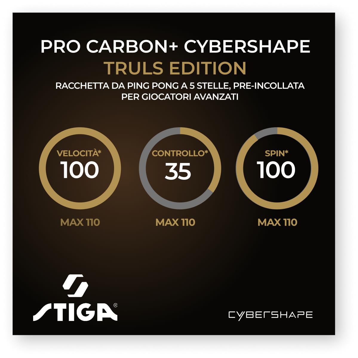 STIGA Pro Carbon Plus Cybershape Truls Edition Racchetta da Ping-Pong 5 stelle, Punto dolce esteso, Tecnologia Touch Carbon Technology, Gomma STAR5 Approvata da ITTF - Per Gioco Aggressivo