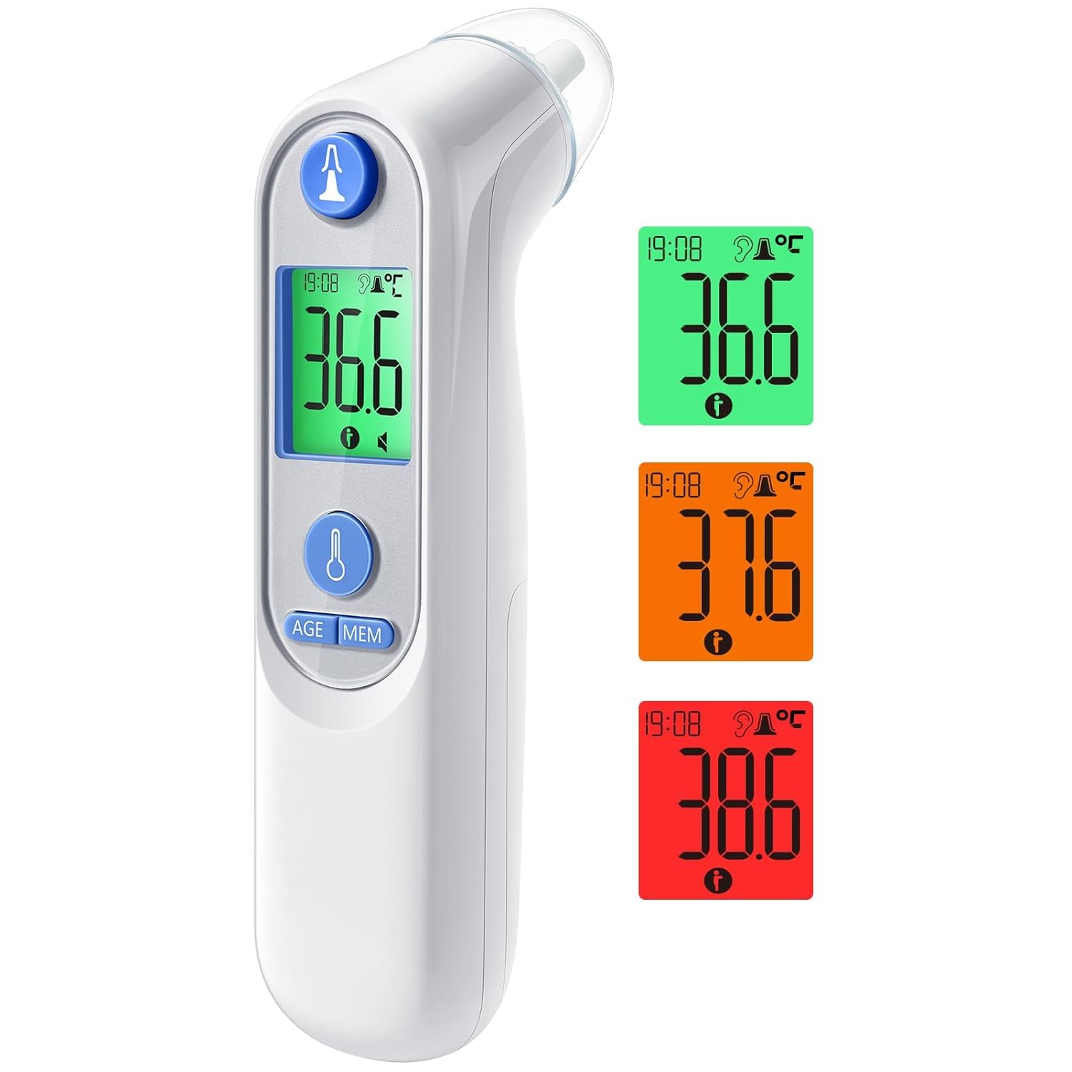 Digitales Infrarot-Ohrthermometer für Babys, Erwachsene & Senioren – Präzise Alterserkennung, farbcodiertes Display, 21x Hygienekappen, 1-Sekunden-Messung & Fieberalarm (Weiß)