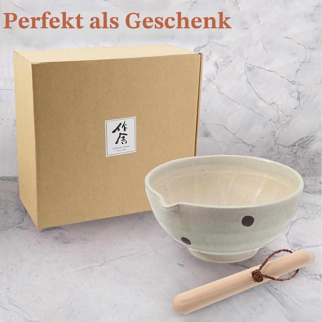 TIKUSAN Japanischer Keramik-Mörser und Stößel, Suribachi-Schüssel und Surikogi-Set mit Ausgießer, 18 cm, hergestellt in Japan (weiß)