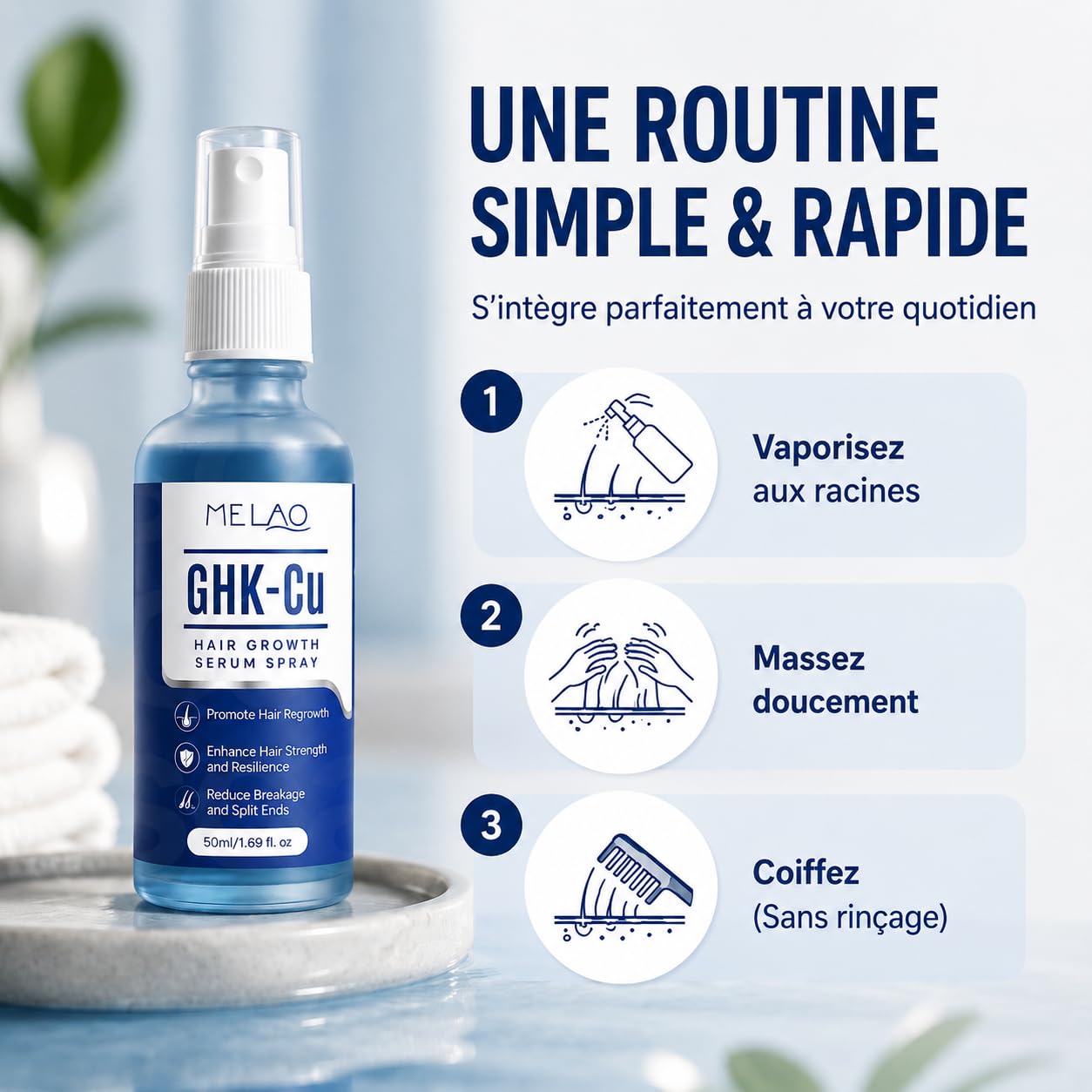 Sérum Capillaire GHK-Cu au Peptide de Cuivre, Spray Cuir Chevelu 50 ml, Soin Fortifiant et Hydratant pour Cheveux Fins, Secs ou Clairsemés
