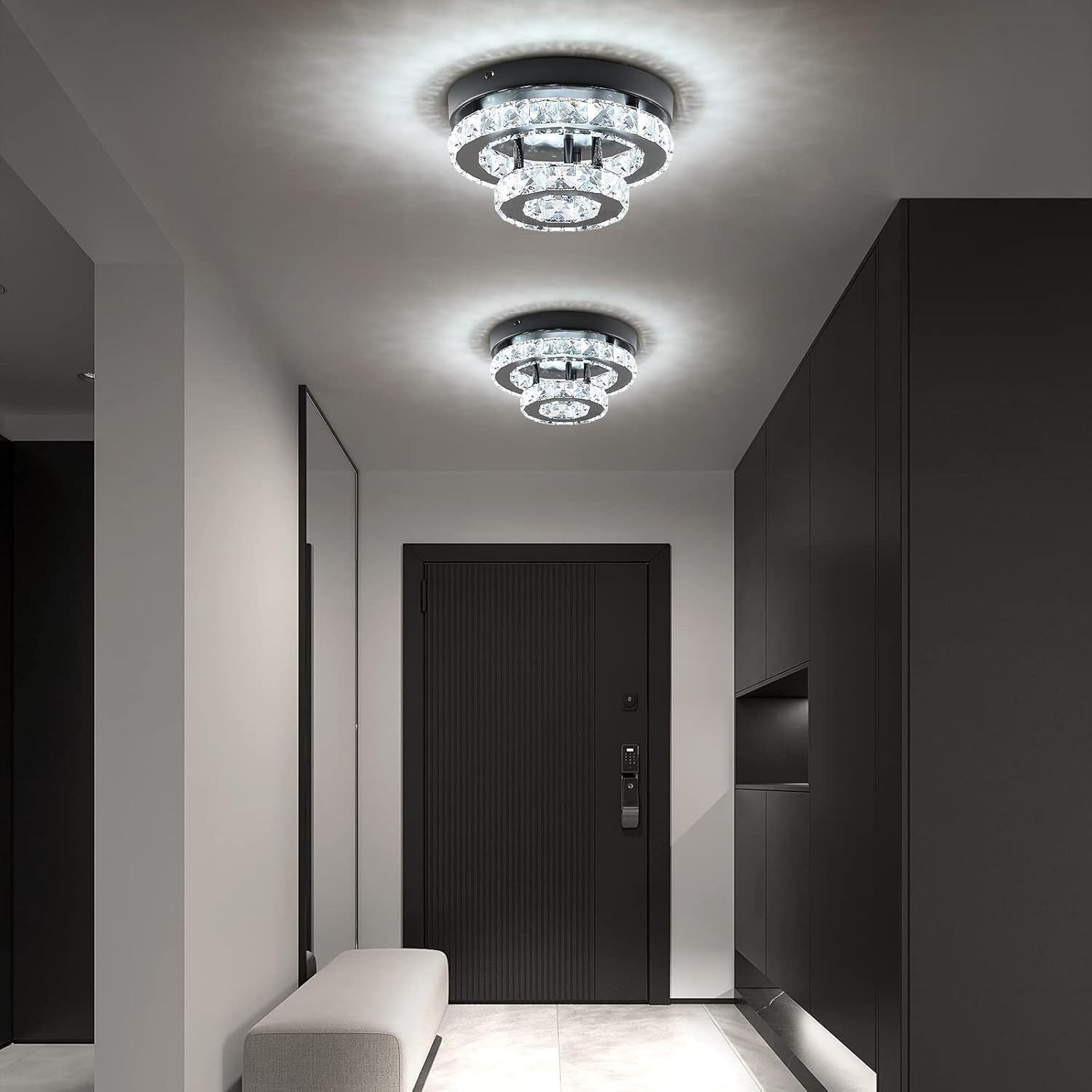 9.8 inch Modern Crystal Chandelier Flush Mount Ceiling Light, Black Mini Chandelier with LED Lighting for Bedroom Hallway Entryway Dining Room, 6000K Daylight Small Semi Flush Mount Fixture