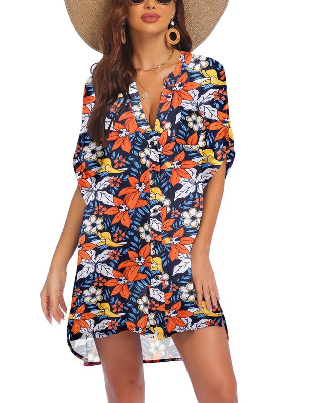 AIMAGE Womens Swimsuit Cover Ups Shirt V-Neck Button Down Bathing Suit Coverups Beach Tunic Top Large Blue-Orange Floral