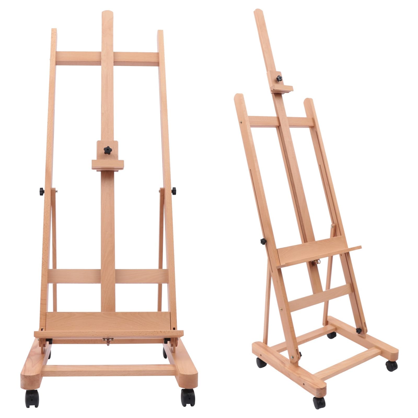 Caballete de estudio con marco en H, Caballete de arte profesional con ruedas (fijador), altura ajustable de madera de haya, caballete de bocetos para pintura al óleo, bocetos publicitarios, etc