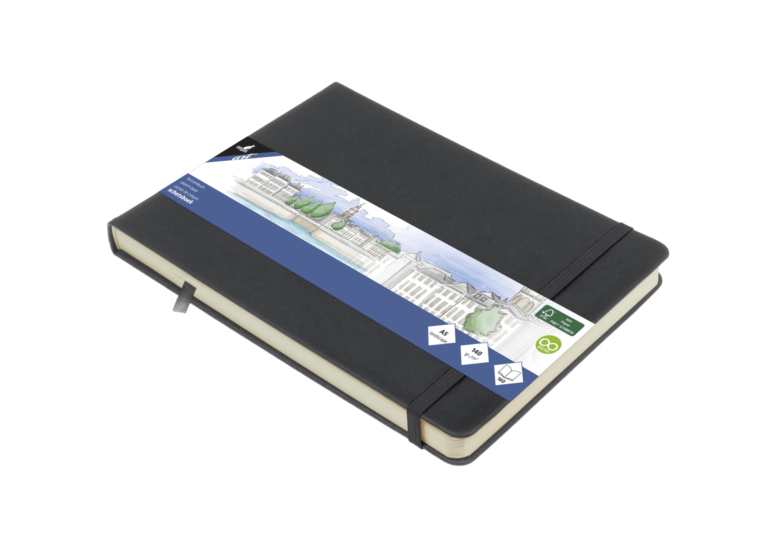 Sketchbook Kangaro A5 Landscape Cold Grey PU Hard Cover 80 Sheets 140 g Cream Paper with Elastic Band and Ribbon
