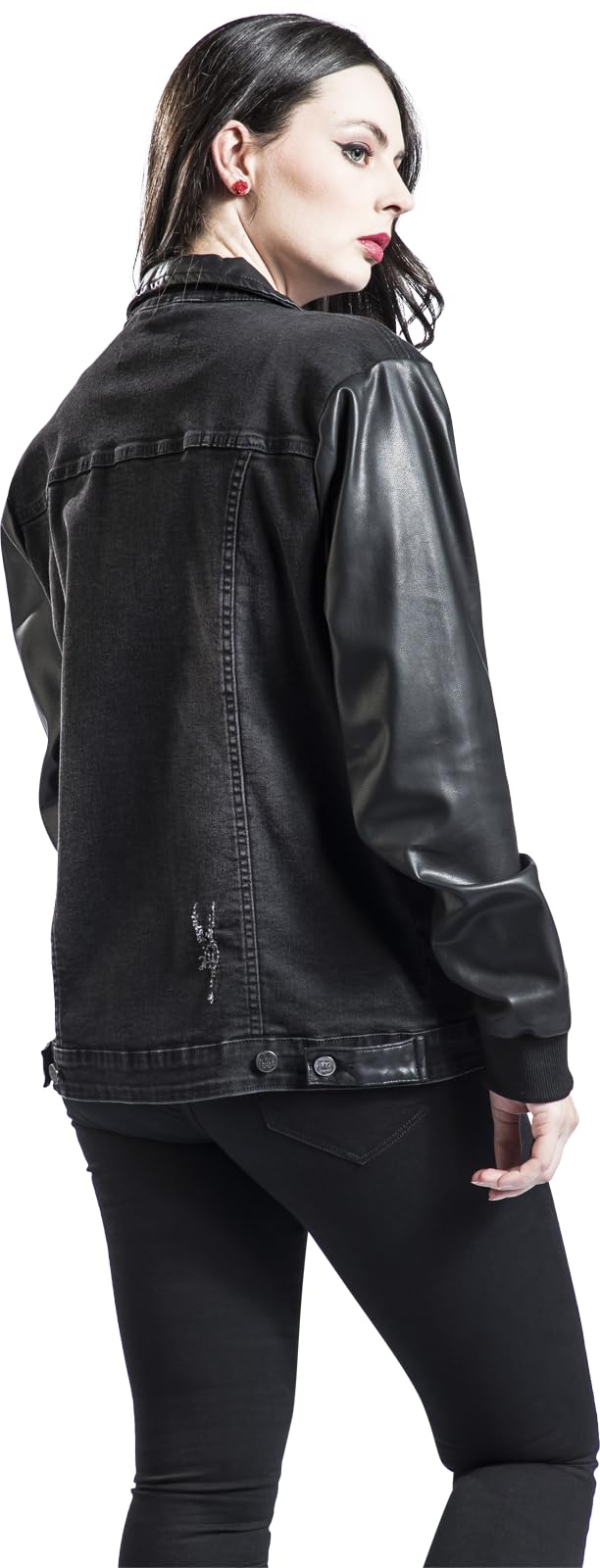 Black Premium by EMP Femme Veste en jean noir avec détails en faux cuir