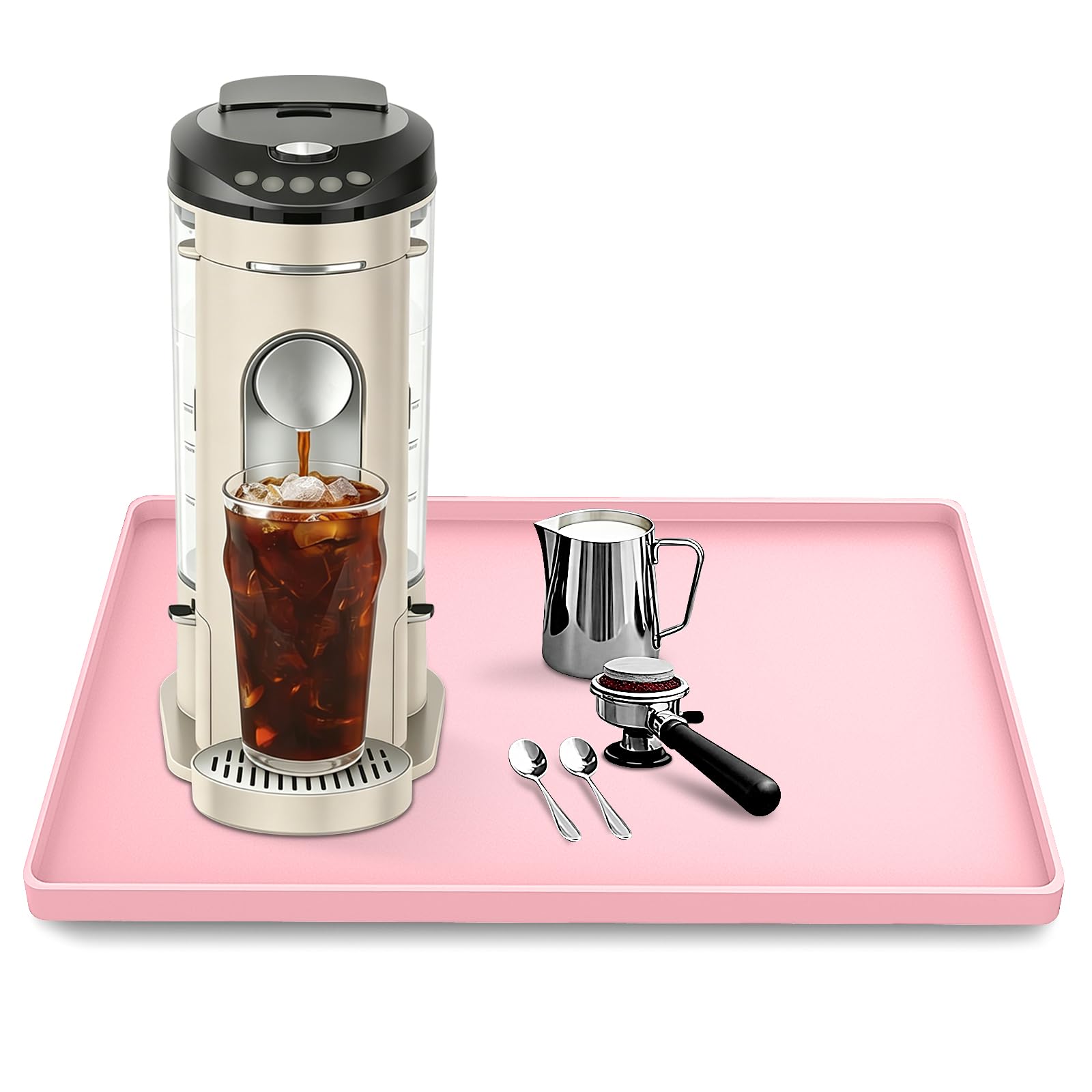 TOHONFOO Silicone Coffee Maker Mat with Lip, 15.7'' x 11.8'' Heavy Duty Coffee Maker Mat for Countertops, Coffee Tray Fit Under Coffee Machine Appliance Automatic Machines Espresso Accessory, Pink