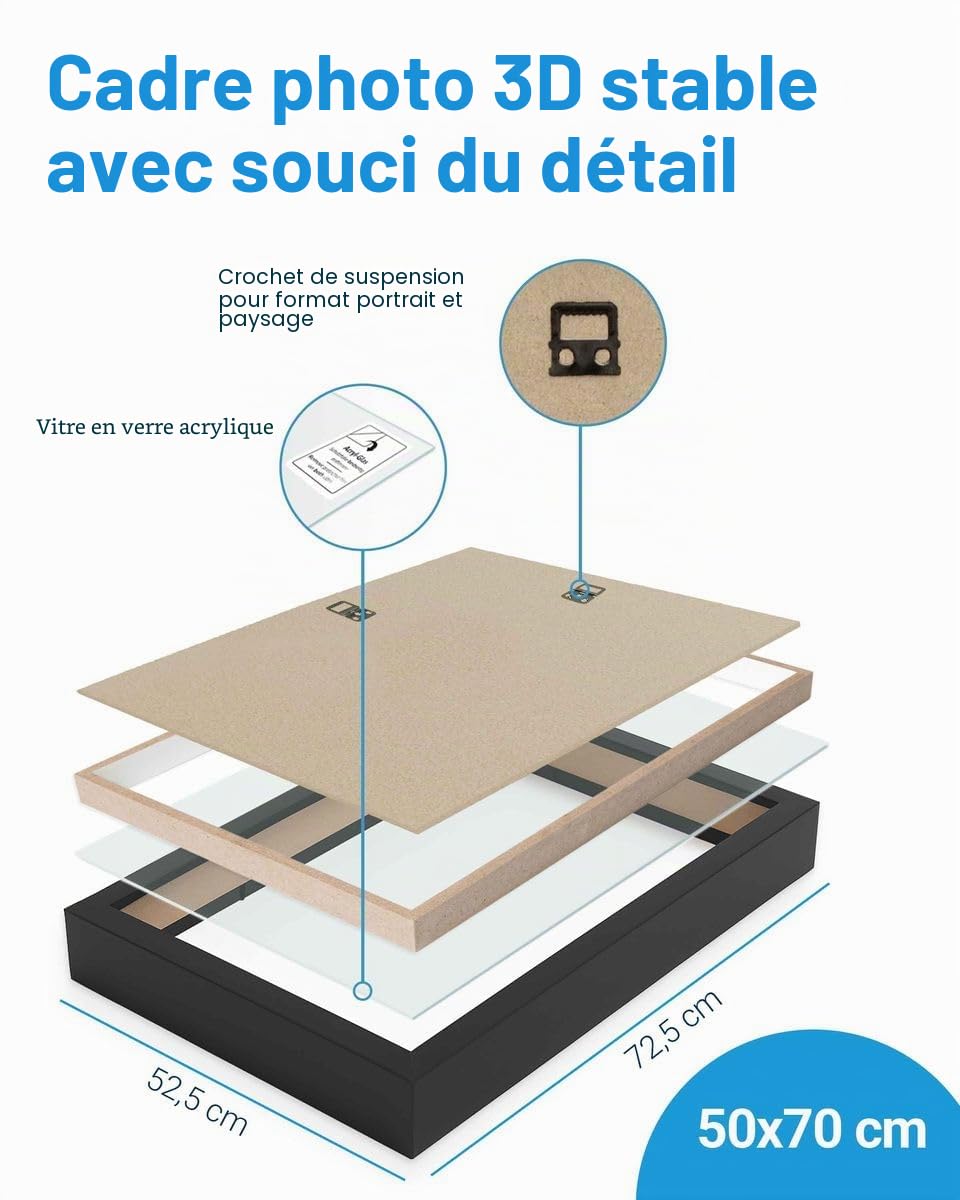 PHOTOLINI Cadre Photo 3D à remplir 50 x 70 cm Noir, Cadre boîte Profond, pour Objets jusqu'à 3 cm, Bois MDF, Verre Acrylique - pour Les Loisirs créatifs & comme Cadeau