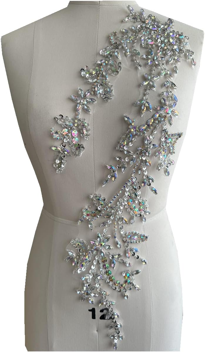 Handmade Shining Acrylic Rhinestones on lace Applique Sewing Beads Stones Trim Patches Accessories for Wedding Dress (Deepgreen)