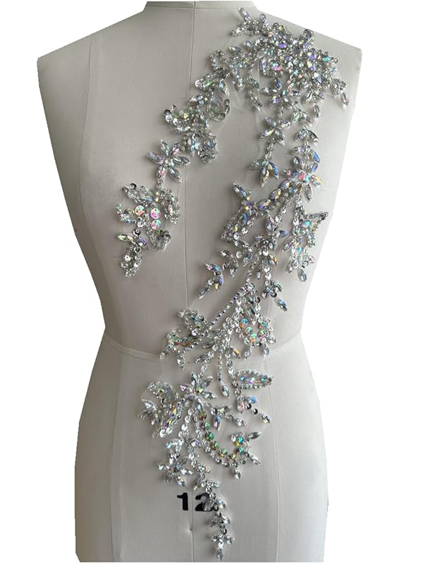 Handmade Shining Acrylic Rhinestones on lace Applique Sewing Beads Stones Trim Patches Accessories for Wedding Dress (Clear AB) by PLune - Used condition - US$17.10