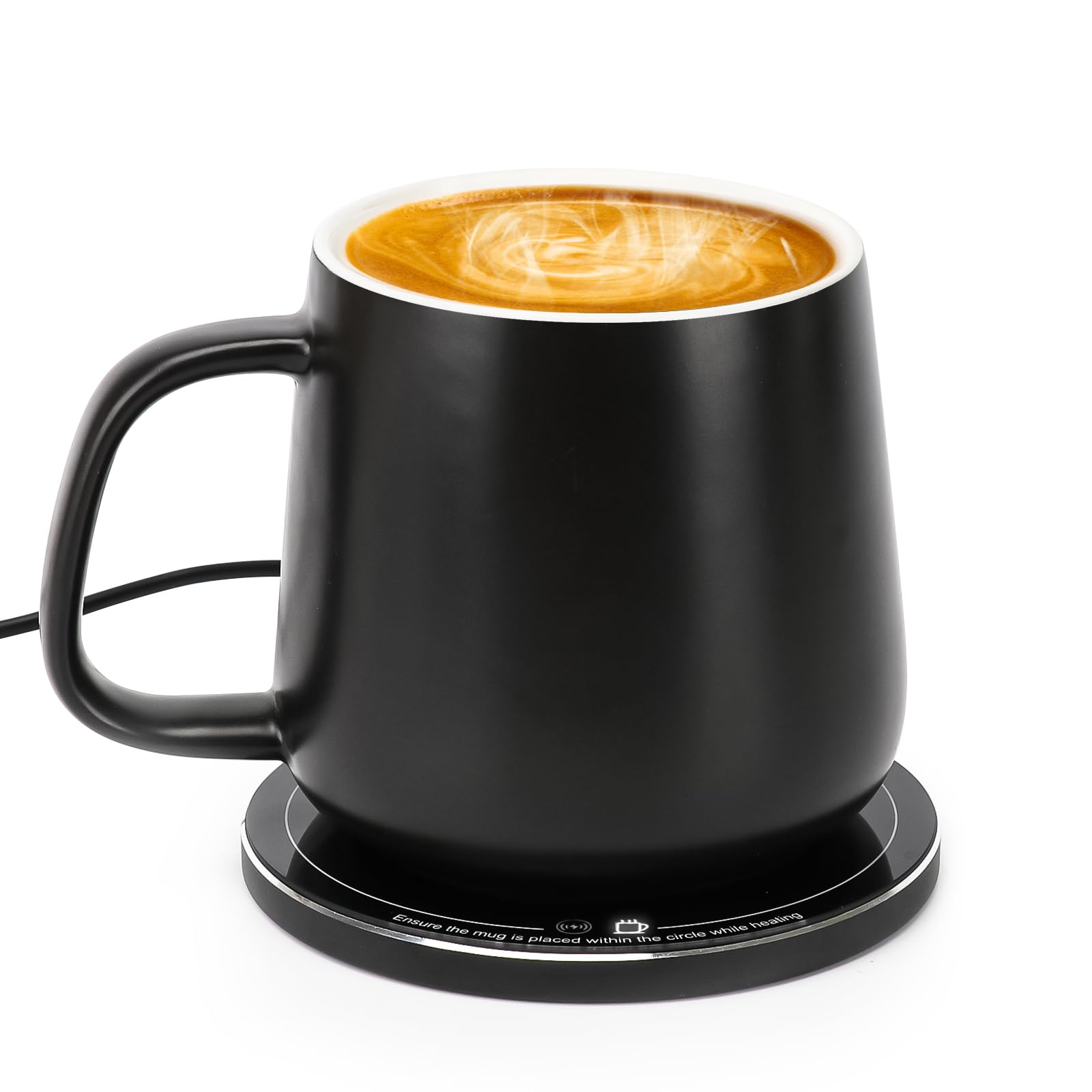 Apekx Black Smart Warmer Ceramic Mug Set - 131°F / 55°C Optimal Temperature Control, Wireless 15W Phone Charging Pad - 12.8 Fl Oz/380 Ml Capacity With Usb-C (Black)