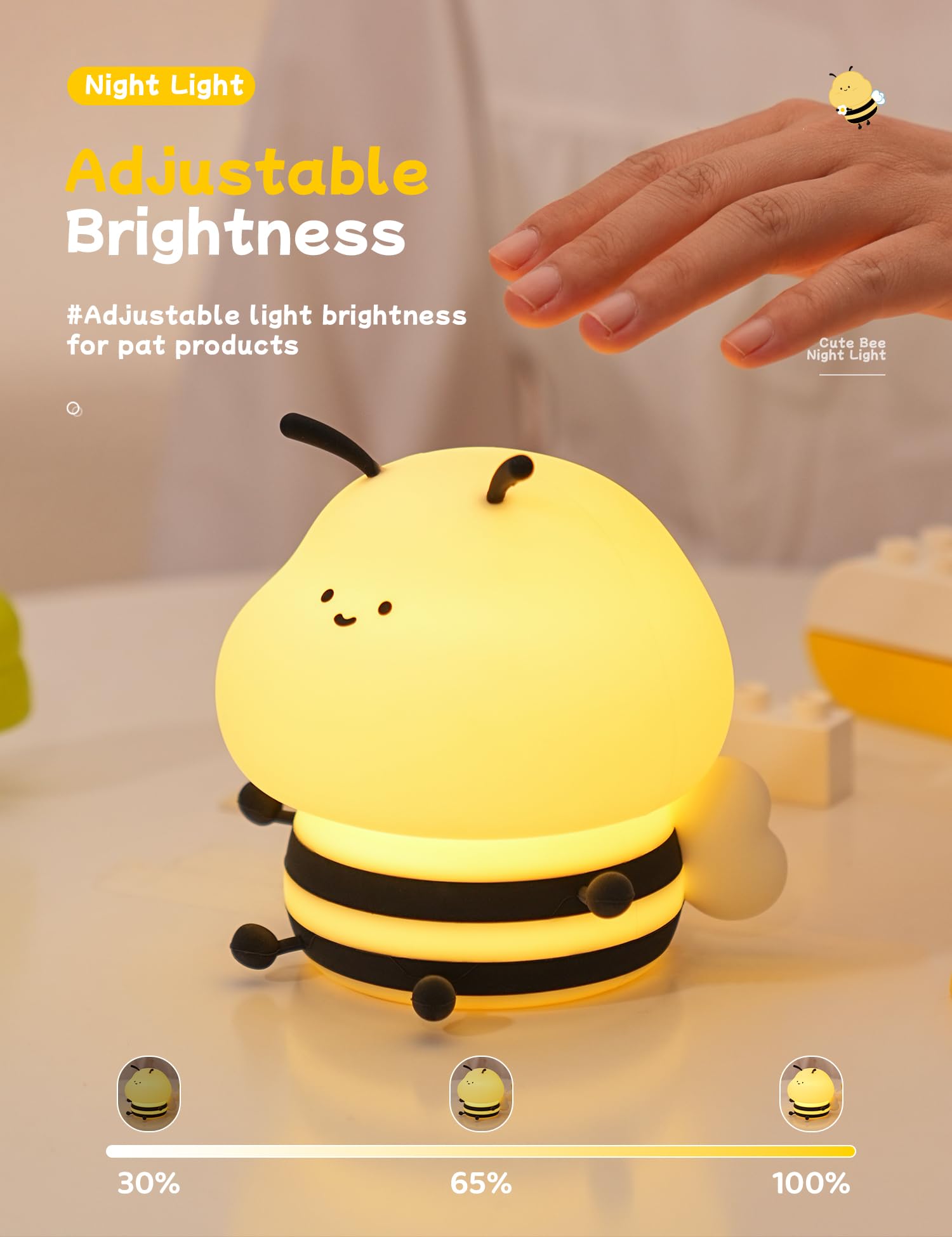 IHALO Luce Notturna Bambini, Lampada Camera Comodino, Silicone Luce Notturna Neonato, Lampada Carina Ape, 7 RGB Colori, Ricaricabile Portatile e Senza Fili, Con Timer, Deco Cameretta Bambina Regali