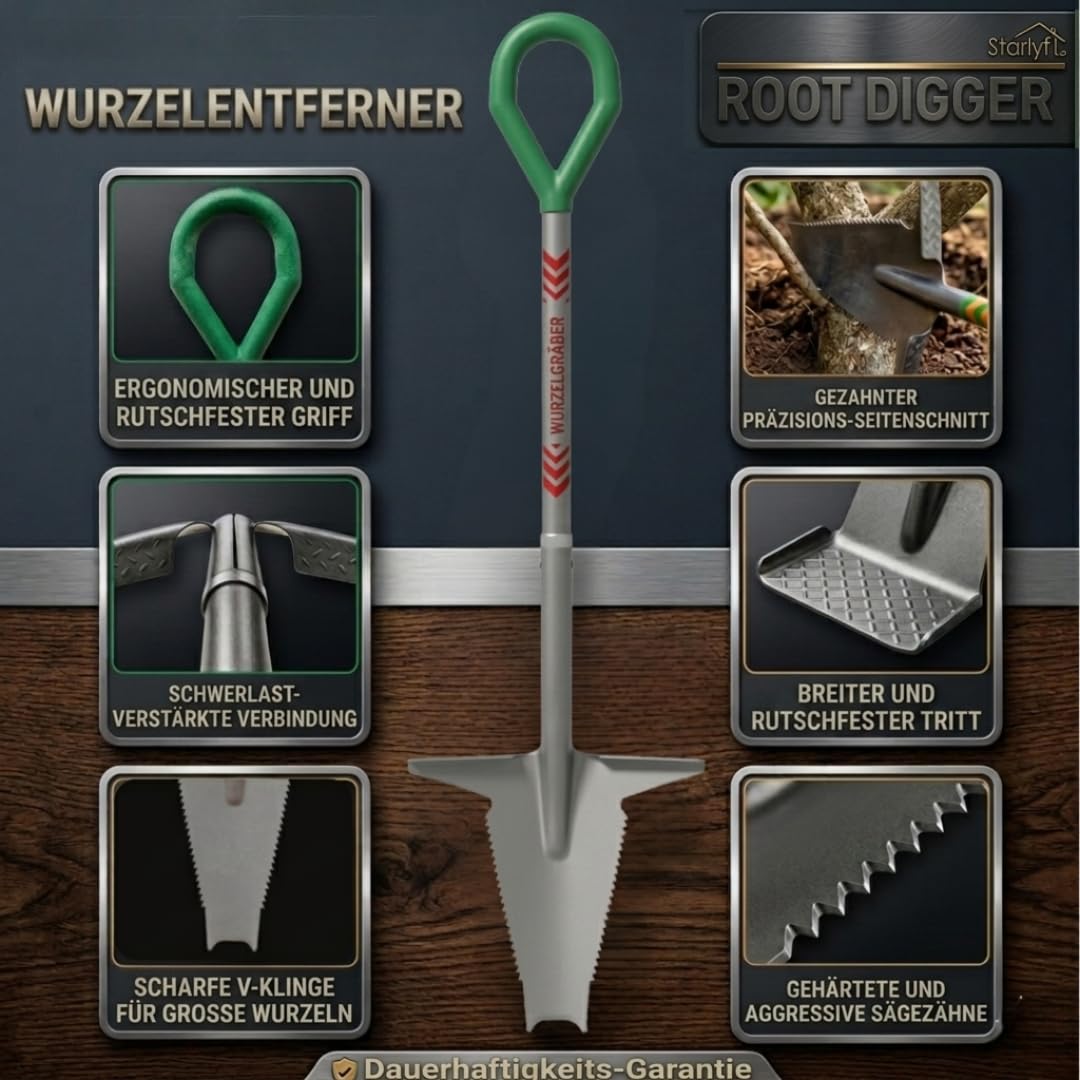 STARLYF Spaten Root Digger Wurzelspaten, Mehrzweckschaufel mit Schneidspitze, 124cm aus Manganstahl, 360-Grad-Griff, robust und langlebig