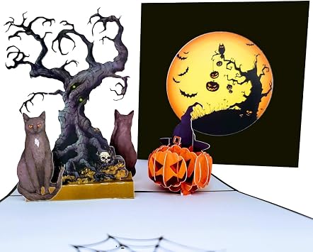 iGifts And Cards Evil Cat 3D Pop Up Halloween Card Spooky Surprise with Glowing Eyes and Haunted Setting 6" x 6" Gothic-Themed Trick-or-Treat Gift for Friends, and Cat Lovers