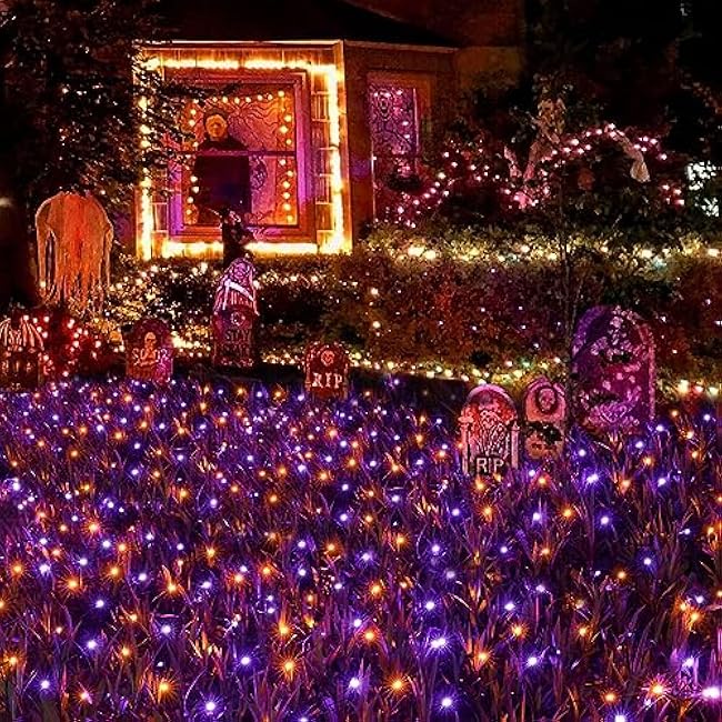 Joomer 12ft x 5ft 360LED Orange Purple Halloween Net Lights Outdoor Mesh lights, 8 Modes Timer Connectable Waterproof Bush Lights Mesh Netting Lights for Halloween Outdoor Decorations (Green Wire)