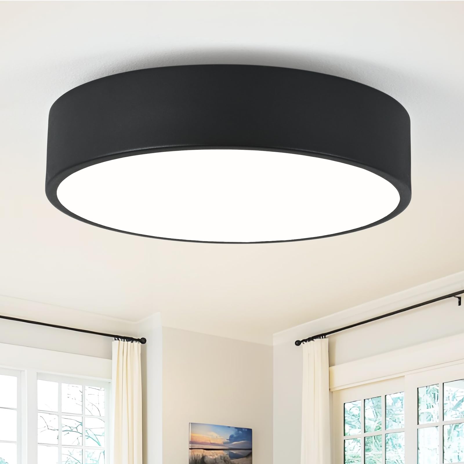 Modern Flush Mount 2-Light Round Black Ceiling Light Fixture Minimalistic Acrylic Shade Lighting for Bedroom Laundry Room Foyer